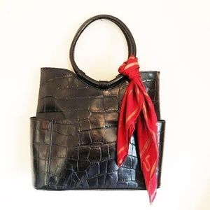 Maxx New York Crocodile Embossed Black Leather Handbag